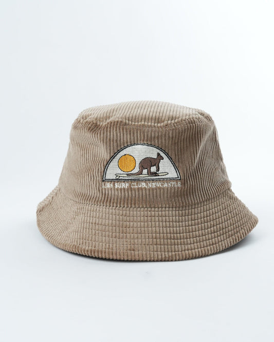 Beige cord bucket hat with front patch logo and stitched emblem