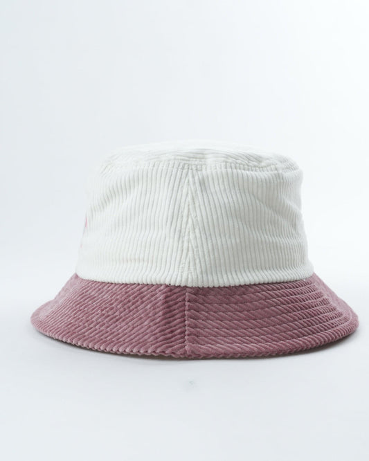 Bucket hat with ribbed crown in white and mauve brim, no logo visible
