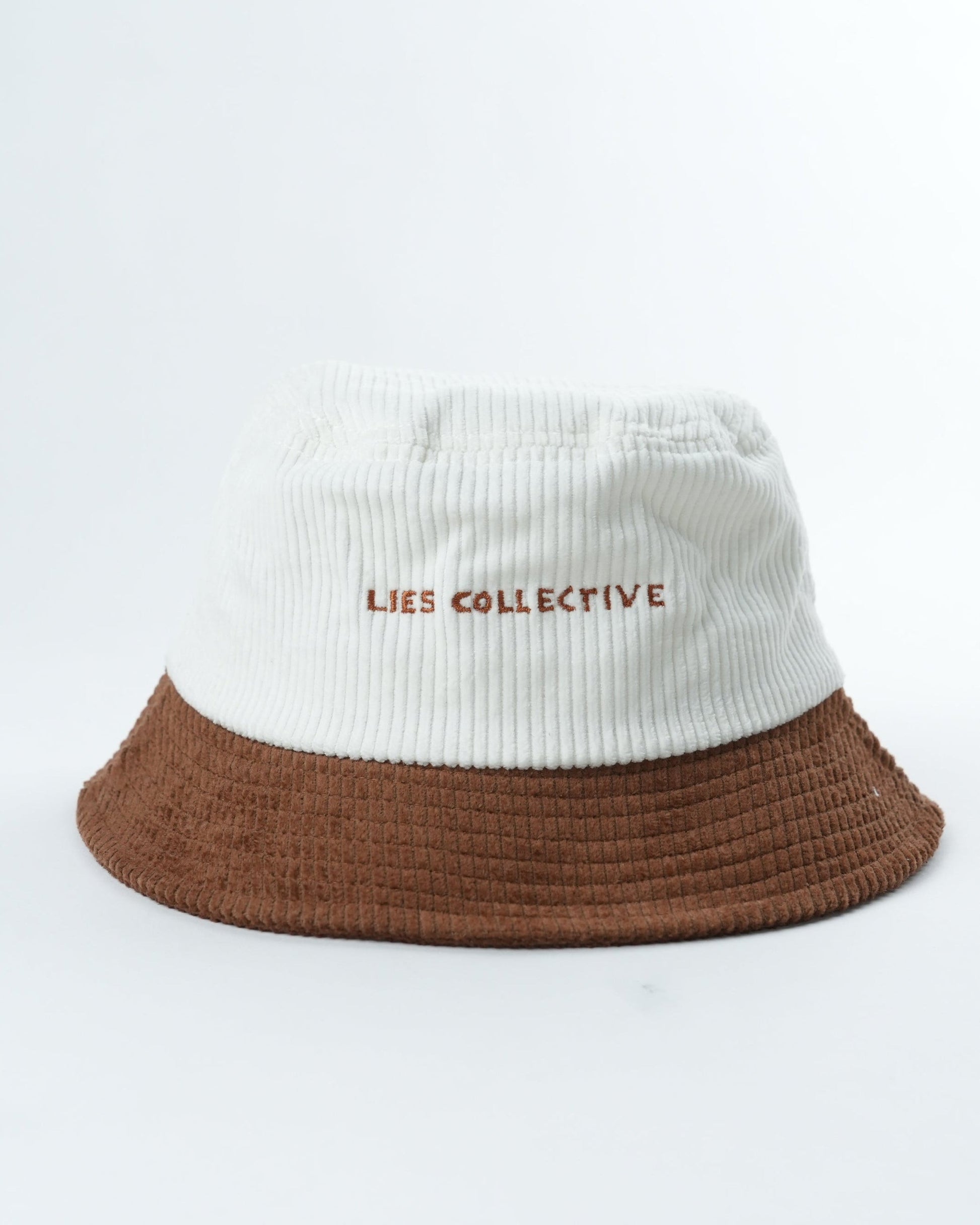 WOMBAT Wrangler bucket hat, white crown with LES COLLECTIVE text, brown brim