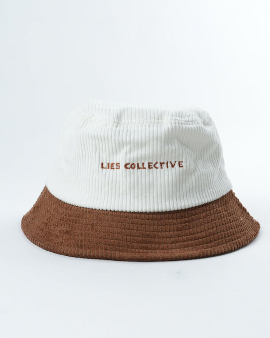 WOMBAT Wrangler bucket hat, white crown with LES COLLECTIVE text, brown brim