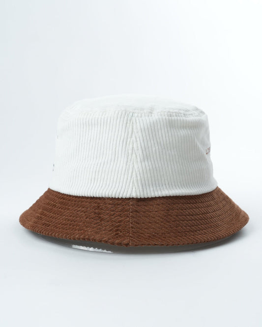 White knit bucket hat with brown brim and gathered side seam detail