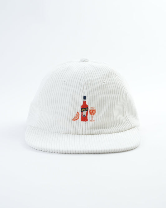 White ribbed knit snapback hat with front Aperol Spritz graphic