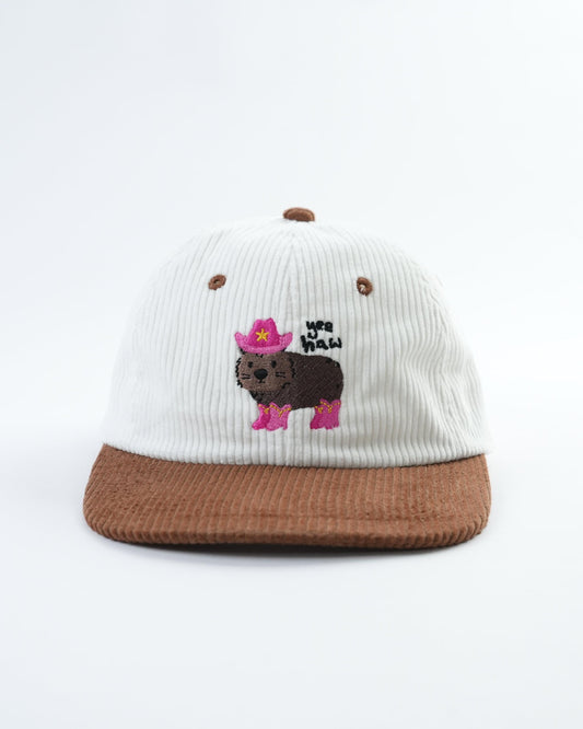White striped mini lid with brown brim and embroidered pink-and-brown wombat graphic