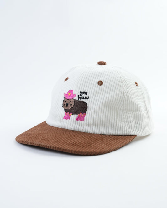 White ribbed baseball cap with brown brim, embroidered dog graphic and small star detail