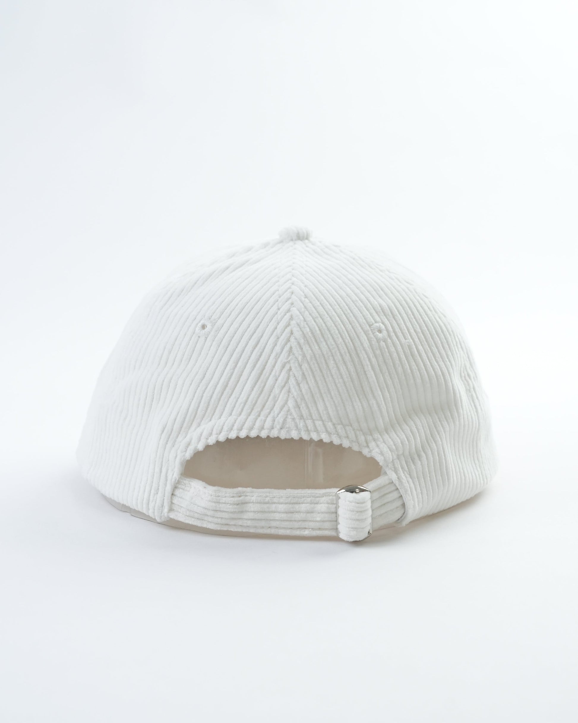 White ribbed baseball cap with open back and adjustable strap