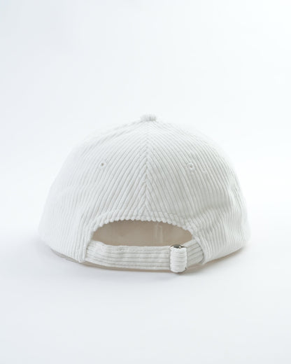 White ribbed baseball cap with open back and adjustable strap