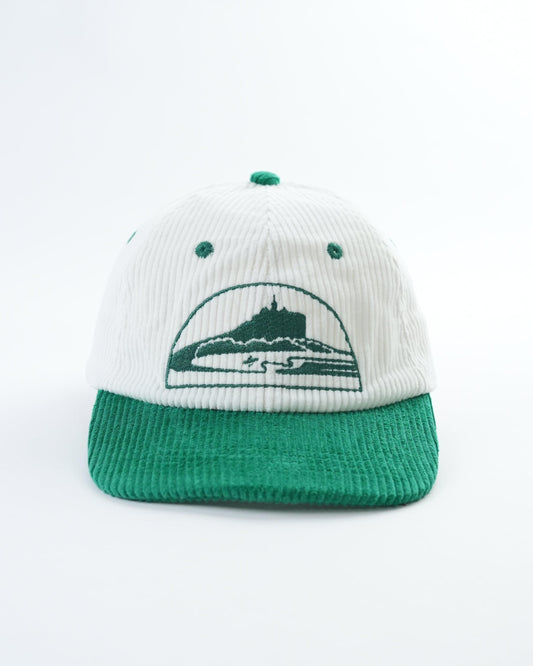 White and green ribbed beach hat with graphic panel front embroidery