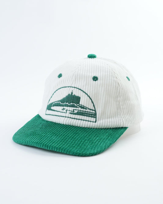 White ribbed beach hat with green underbrim and front graphic embroidery