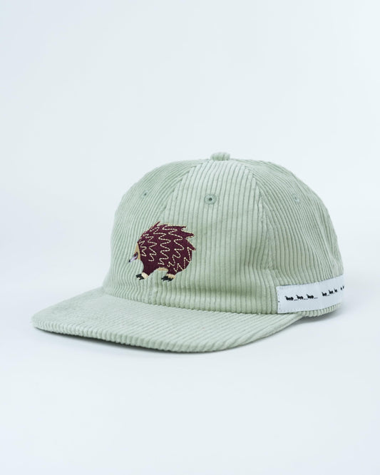 Mint green trail cap with echidna embroidery and white patterned band