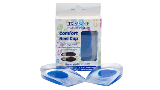 Men’s comfort heel cups in blue gel, shown in retail package