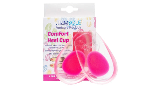 Pink gel comfort heel cup inserts shaped to cushion heels for women’s shoes
