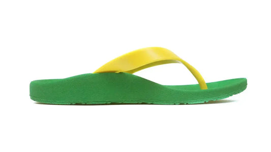 Kids orthotic thong sandals, green footbed and yellow toe strap, side profile
