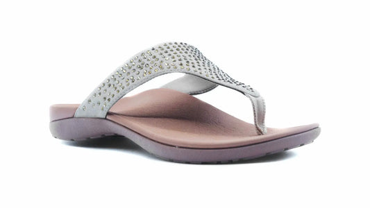 Pink orthotic sandals with rhinestone toe-thong strap and cushioned sole