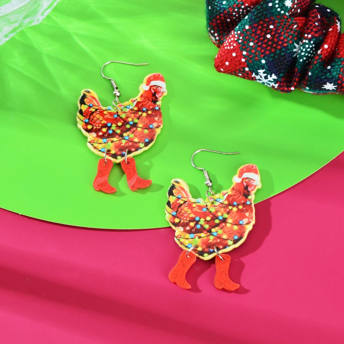 Christmas Santa acrylic dangle earrings with red boots and multicolor lights