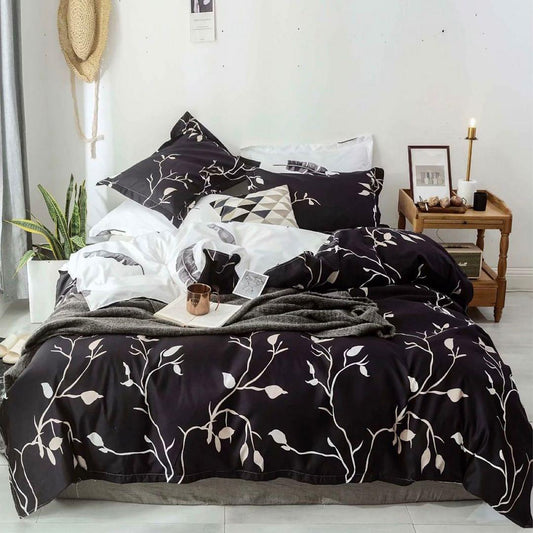 Black branch-pattern duvet cover set with quilt and two pillows