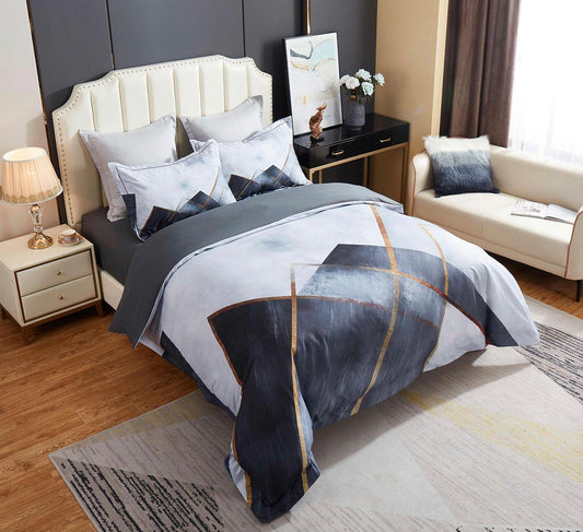 Dakuta quilt cover set, dark and light blue duvet with orange-gold geometric lines, pillowcases