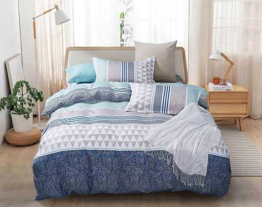 Super king duvet cover set, blue/white geometric and stripe bedding with pillows