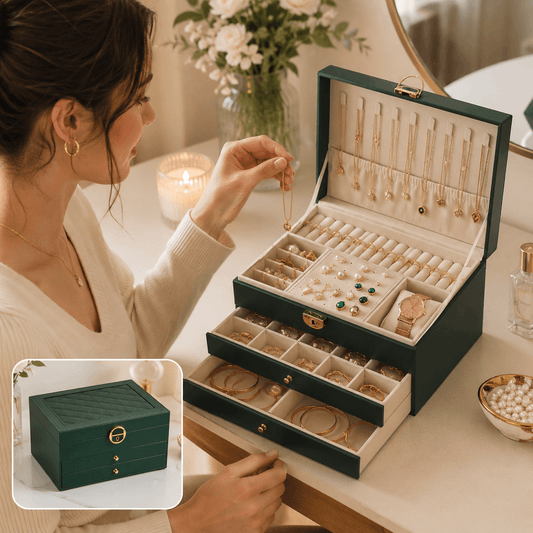 Dark green lockable jewelry box open with necklace display and ring-filled drawers.