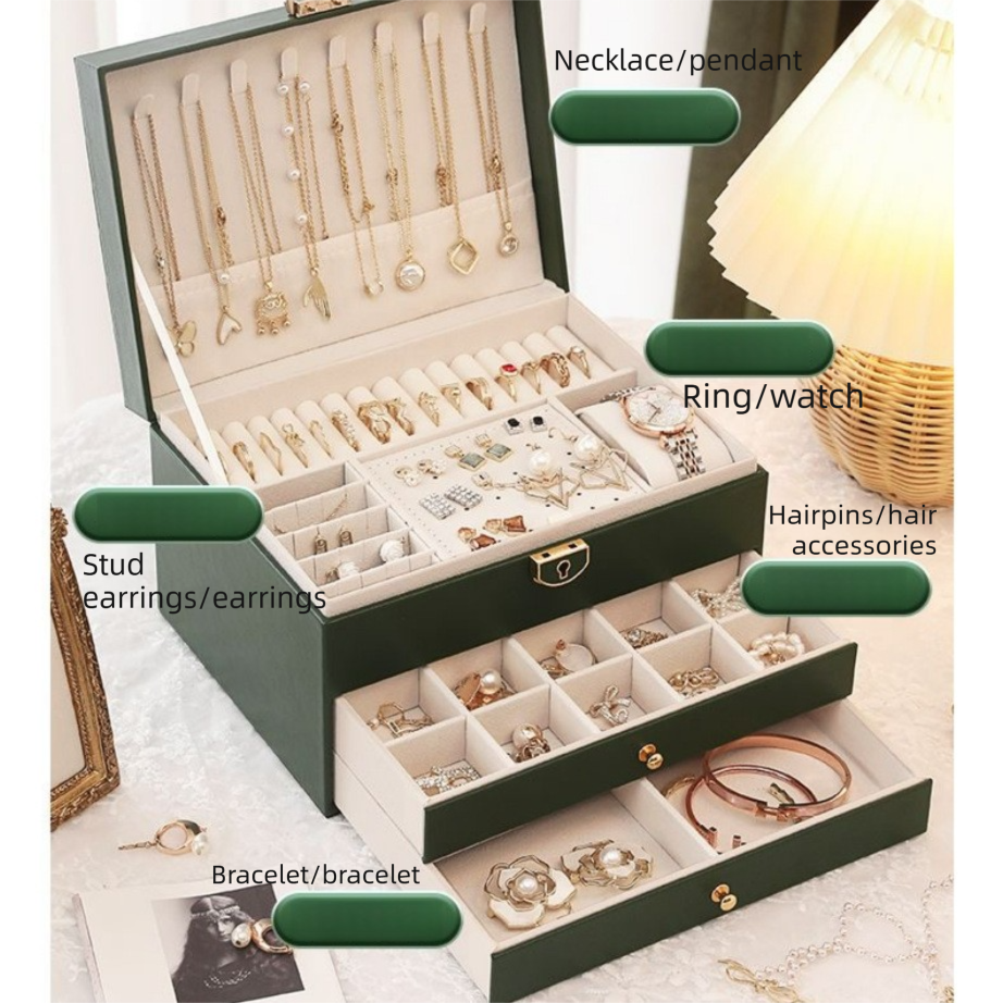 Dark Green Large Lockable Jewellery Box with 3 Drawers PU Leather Jewellery Organiser Case for Rings Earrings Necklaces Watches and Bracelets