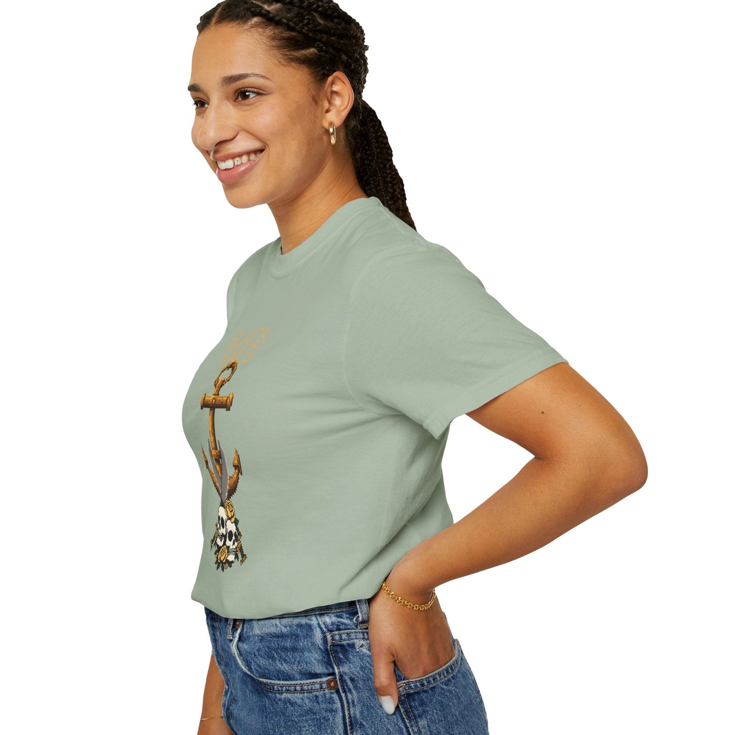 Anchor Skull Pixel Art Graphic Tee - Nautical Skull Printed Unisex T-Shirt | Comfort Colors 1717 Designed By Aprasi
