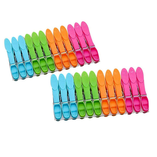 Multicolor plastic clothespins, two angled rows with metal spring hinges
