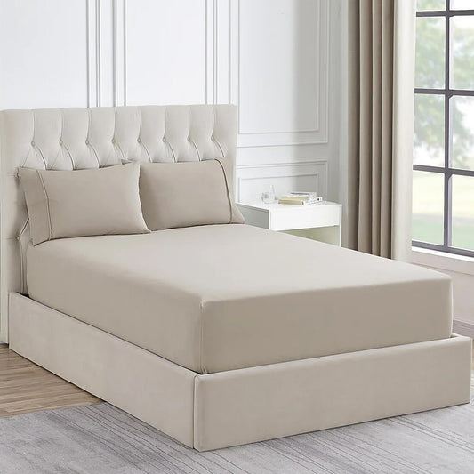 Sand king bed set with tufted headboard and beige fitted sheet, pillowcases