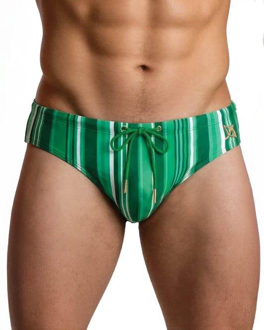 Green striped swim brief with drawstring bow at waist, model front view