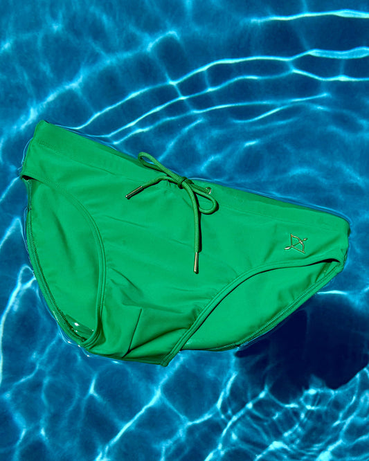 Sea green swim brief laid flat, front view with drawstring and side logo