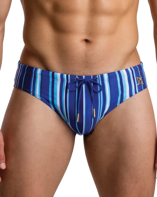 Blue striped swim brief with front drawstring ties and gold logo on waistband