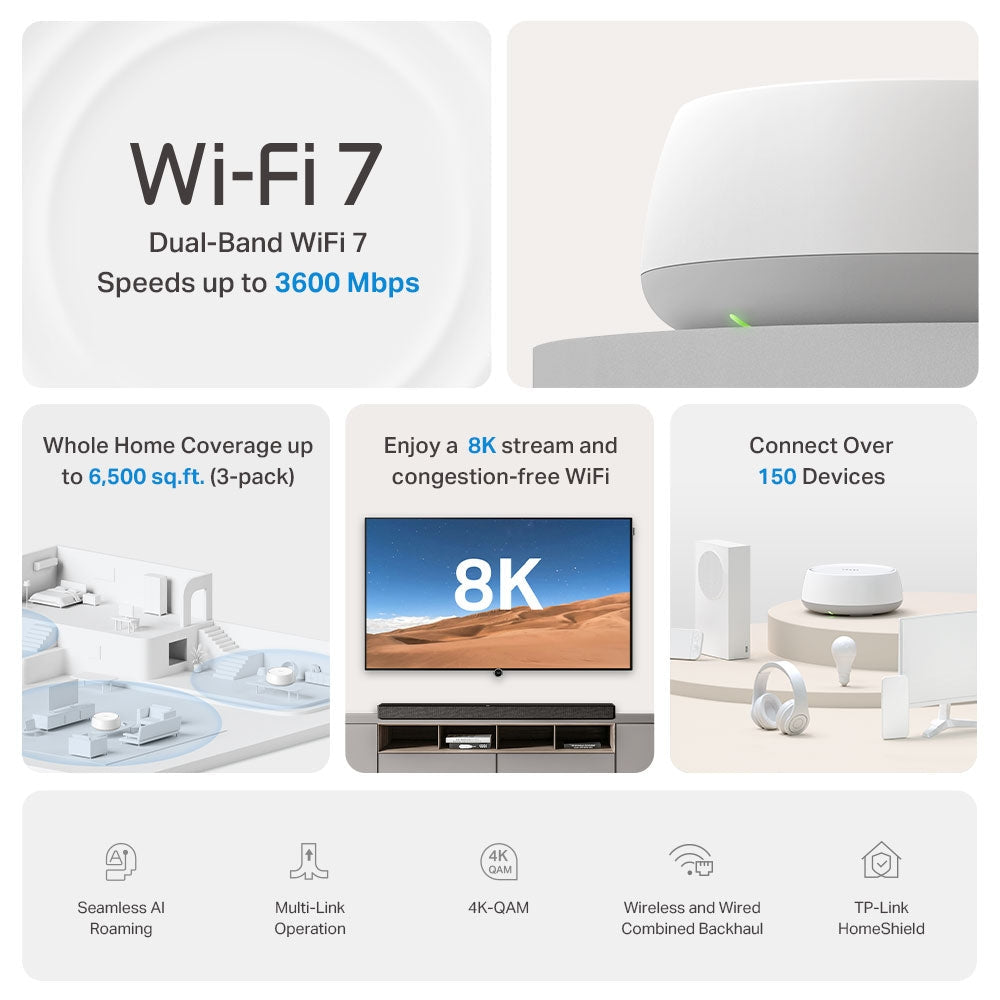 TP-Link Deco BE22 upto 3 pack BE3600 Dual-Band Whole Home Mesh Wi-Fi 7 System with Gigabit Ports & AI Roaming
