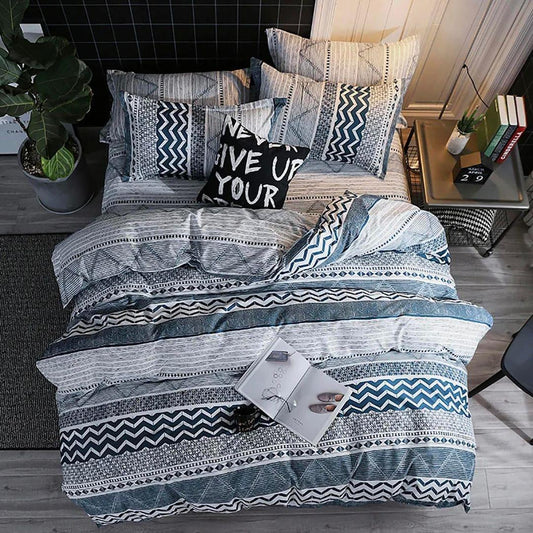 Super king duvet and quilt set, blue/gray zigzag bedding with “LIVE UP YOUR” pillow