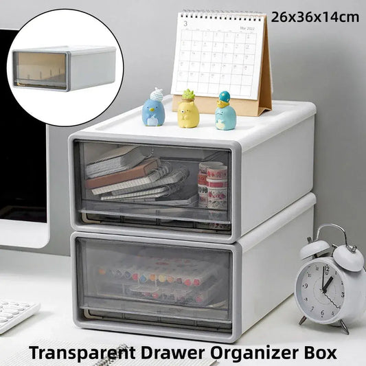 Desktop organizer box with two transparent drawers, holding pens and office supplies