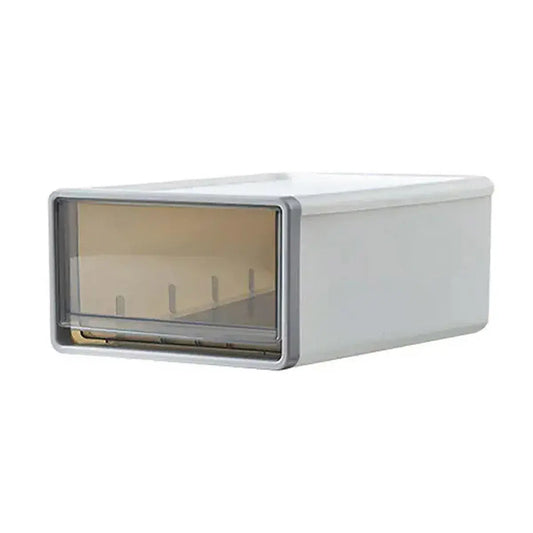 Desktop organizer box with a transparent front drawer in light gray