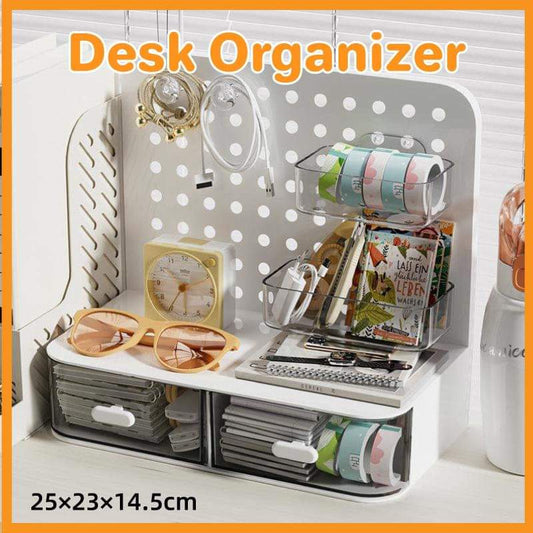 White desktop storage box with pegboard back, two clear bins and two drawer compartments