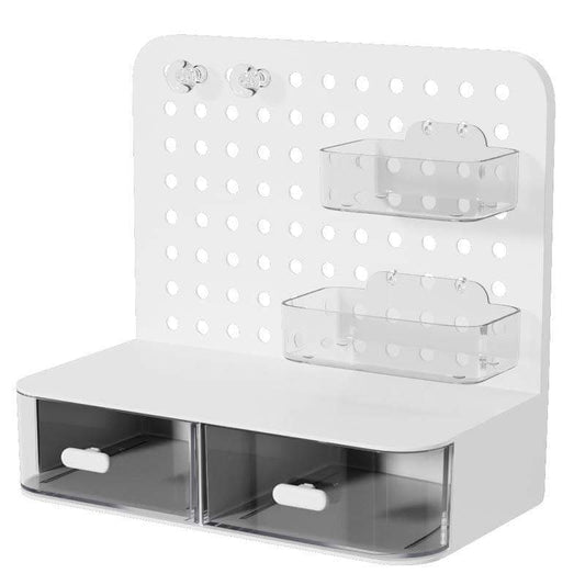 White desktop storage organizer with perforated back, two clear bins and open-front drawers