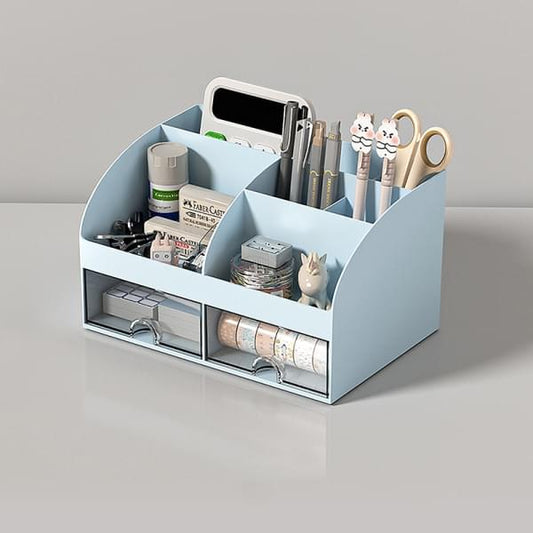 Desktop desk organizer box, light blue with pen holder and two front storage drawers