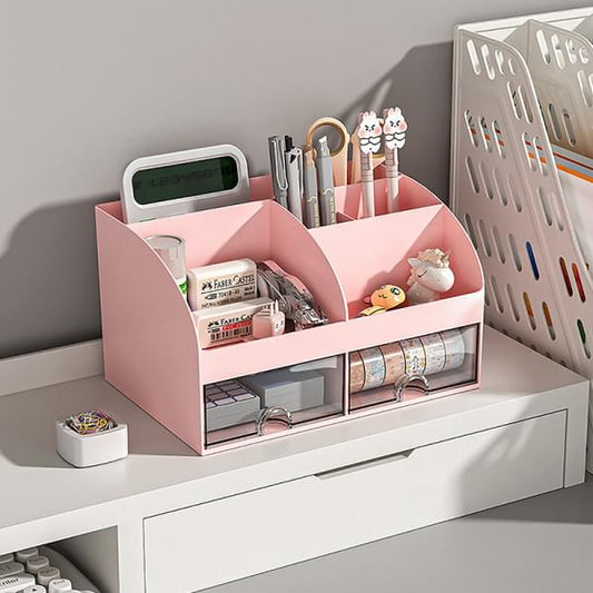 Desktop desk organizer box, pink with pen cups and two front storage drawers