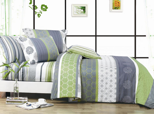 Duvet quilt cover set with blue and green geometric patterns and striped accents