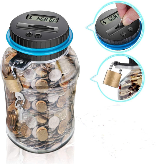 Digital counting coin bank with clear jar, blue rim, built-in lock