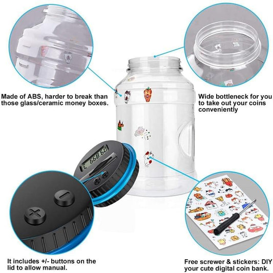 Digital coin bank with wide-mouth jar, blue-rim lid and lock
