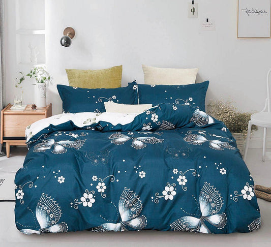 Blue duvet cover set with white floral and peacock print, plus pillow shams