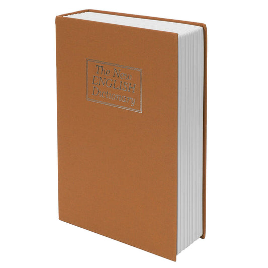 Large brown dictionary-style book safe with embossed logo on cover, white page edges.