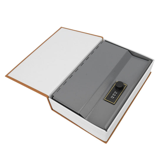 Open brown dictionary book safe with gray interior tray and combination lock keypad.