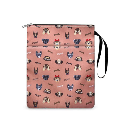 Zippered dog-themed book sleeve with black wrist strap and puppy bone print