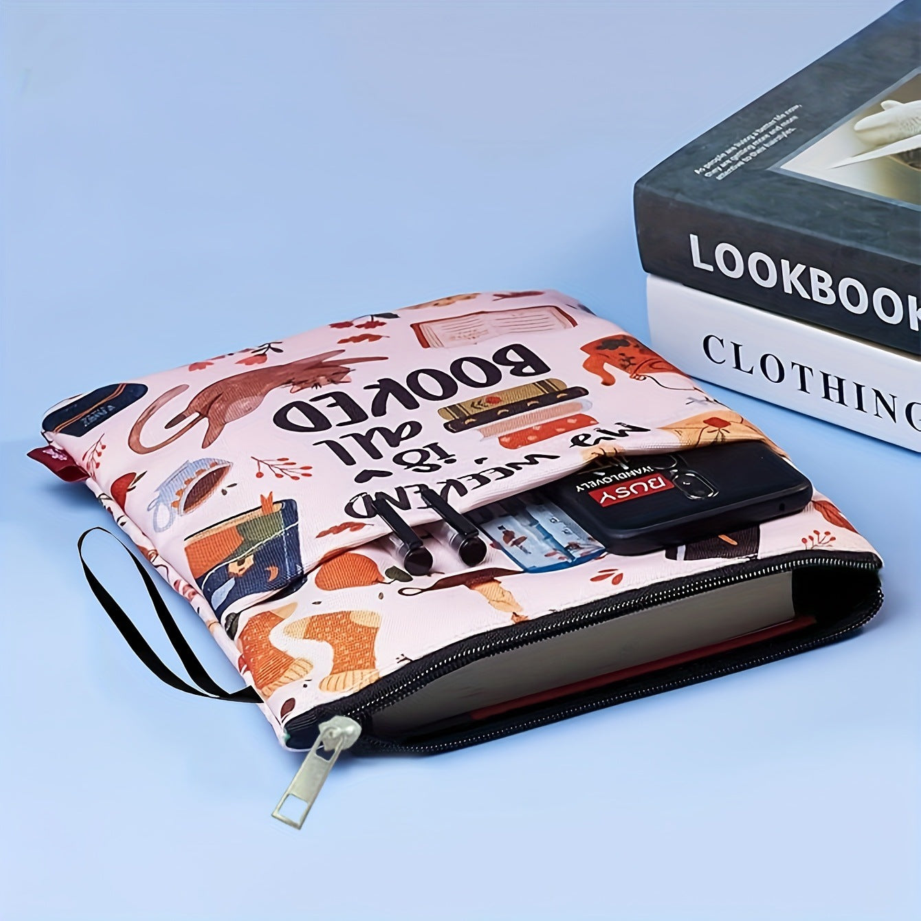 Dog Zippered Book Sleeve with Printed Design – Waterproof Protective Cover for Books, Ideal for Readers and Students with Extra Pocket & Carry Strap