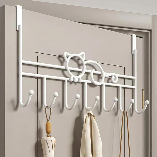 White door hook hanger rack with curved bar and multiple coat hooks