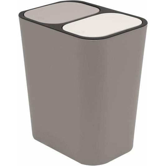 Gray dual-compartment plastic recycling trash bin with two push-button lids