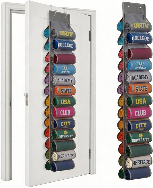 Grey double-sided over-door storage organizer with vertical fabric pockets