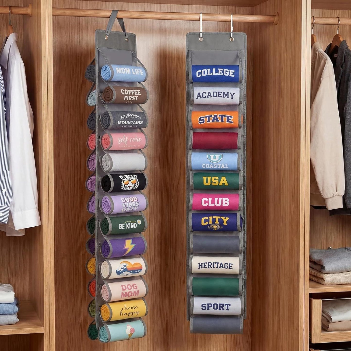 Double-Sided Over Door & Closet Organizer for Yoga Pants, Scarves & Accessories in Dorms and Bedrooms, 26-Pocket Vertical Storage Rack (Grey)