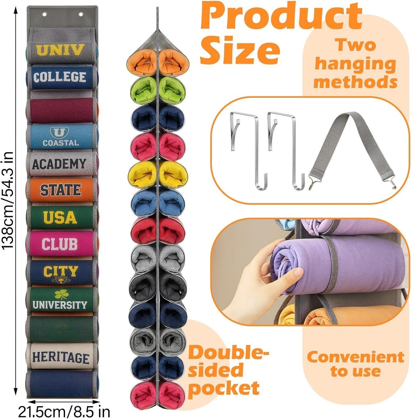 Double-Sided Over Door & Closet Organizer for Yoga Pants, Scarves & Accessories in Dorms and Bedrooms, 26-Pocket Vertical Storage Rack (Grey)